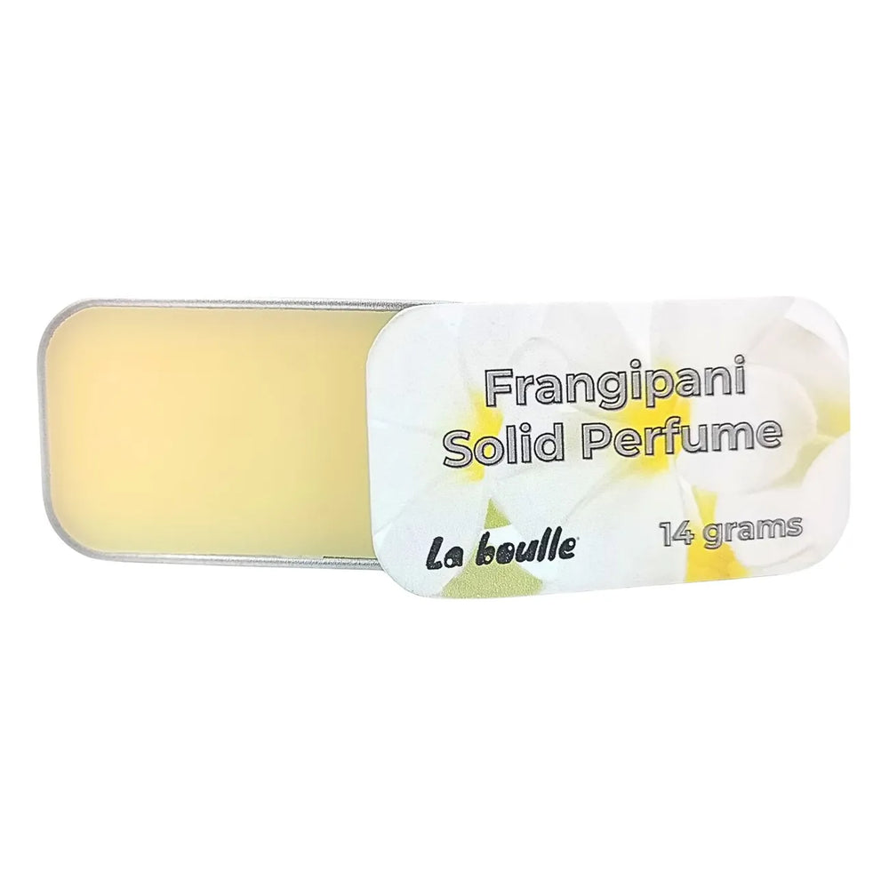 Frangipani solid natural perfume balm, La Boulle, on a white background