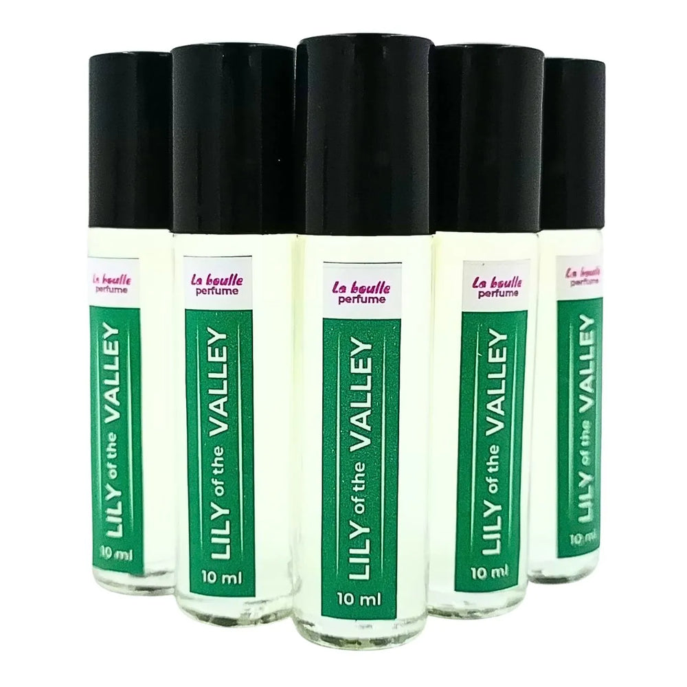 Lily of the valley roll-on perfume bottles La Boulle with black caps on a white background