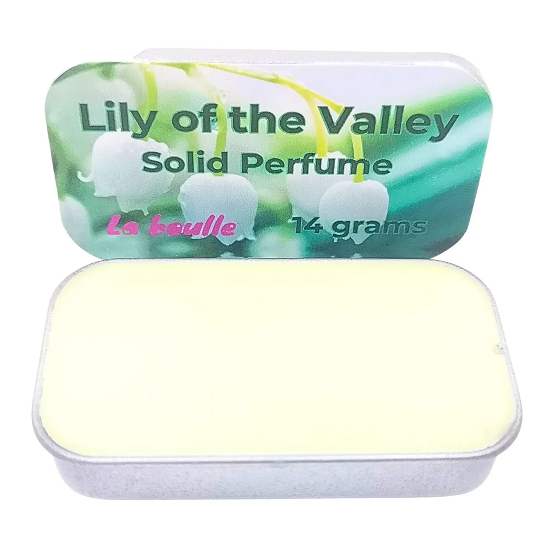 Lily of the Valley solid natural perfume balm, La Boulle, on a white background