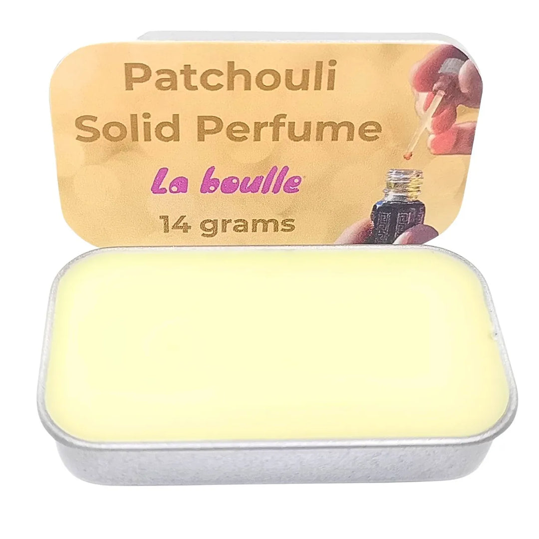Patchouli solid natural perfume balm, La Boulle, on a white background