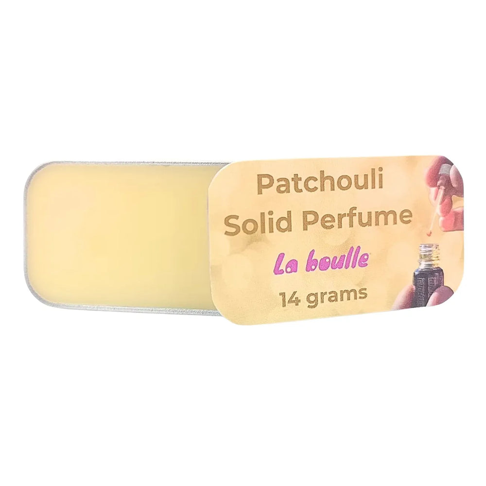 Patchouli solid natural perfume balm, La Boulle, on a white background
