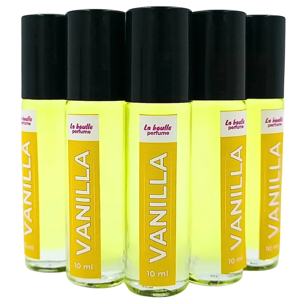 Vanilla roll-on perfume bottles La Boulle with black caps on a white background