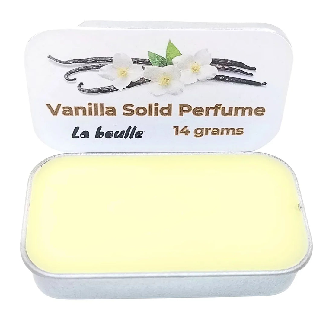 Vanilla solid natural perfume balm, La Boulle, on a white background