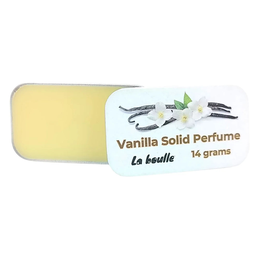 Vanilla solid natural perfume balm, La Boulle, on a white background