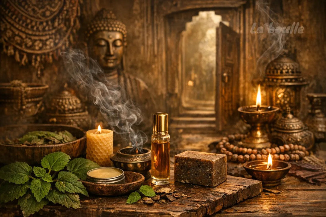 Patchouli fragrance with spiritual depth – temple scene with perfume and candle by La Boulle