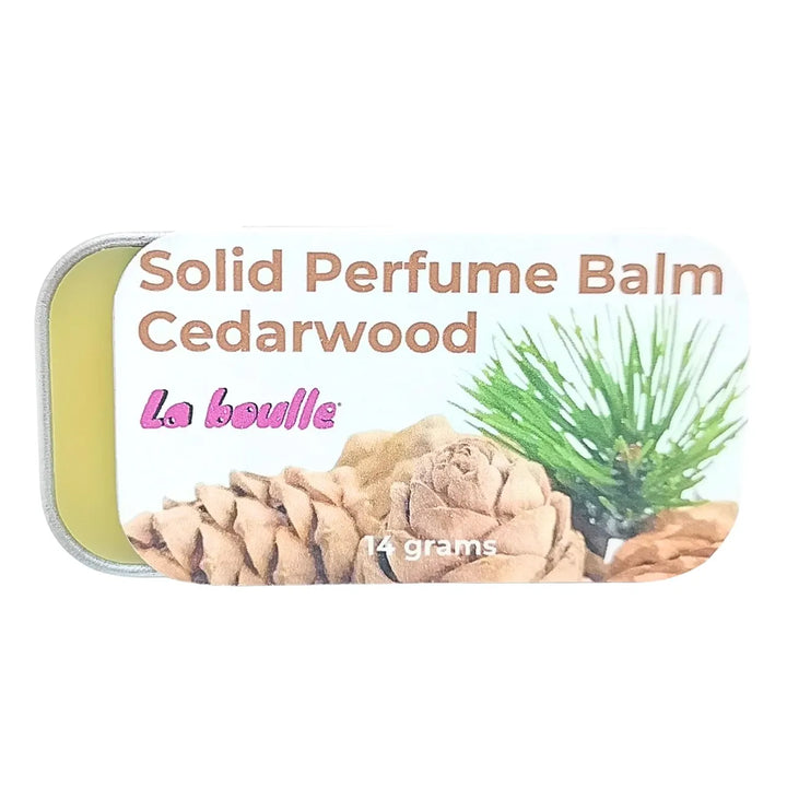 Cedarwood solid natural perfume balm, La Boulle, on a white background