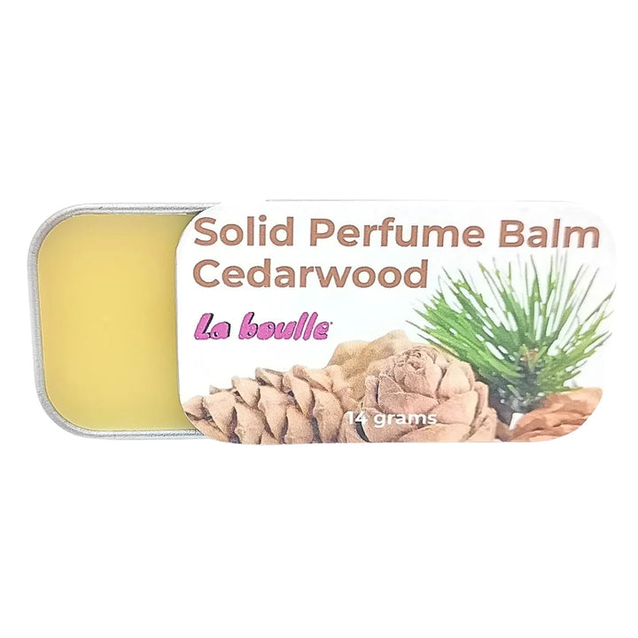 Cedarwood solid natural perfume balm, La Boulle, on a white background