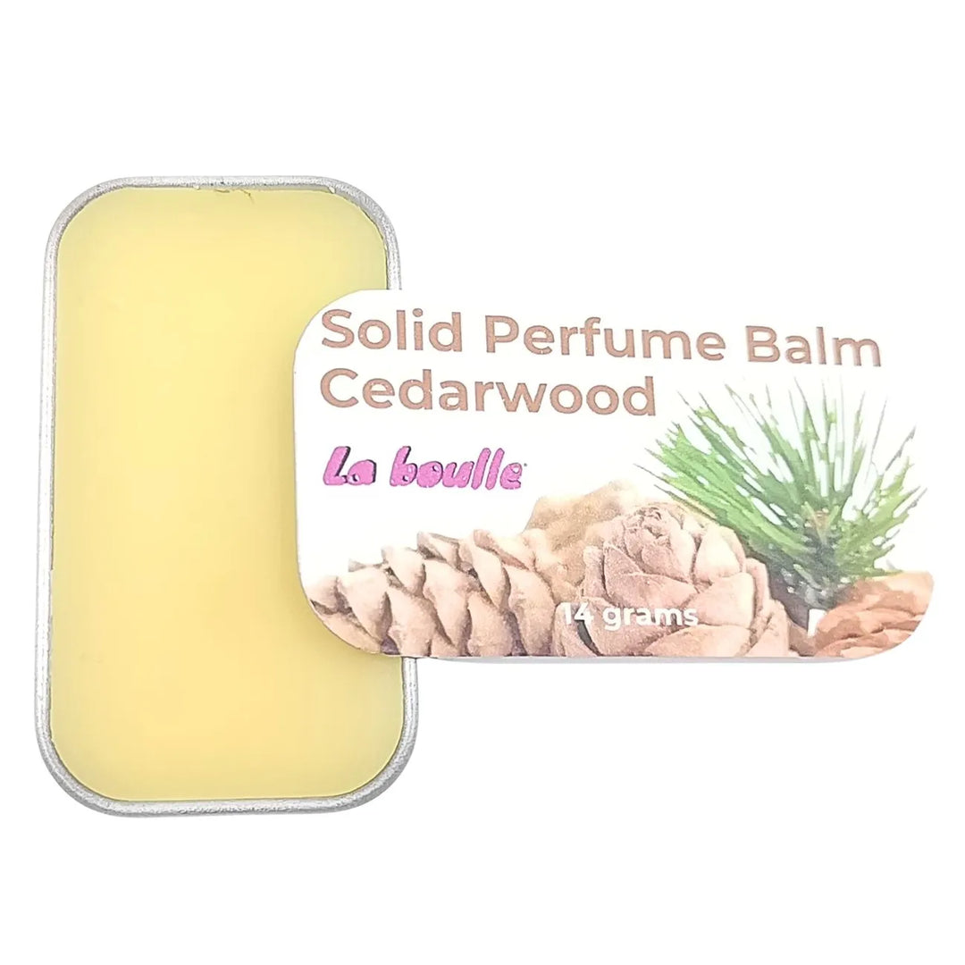 Cedarwood solid natural perfume balm, La Boulle, on a white background