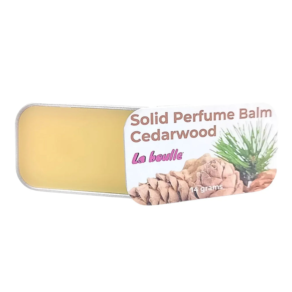 Cedarwood solid natural perfume balm, La Boulle, on a white background