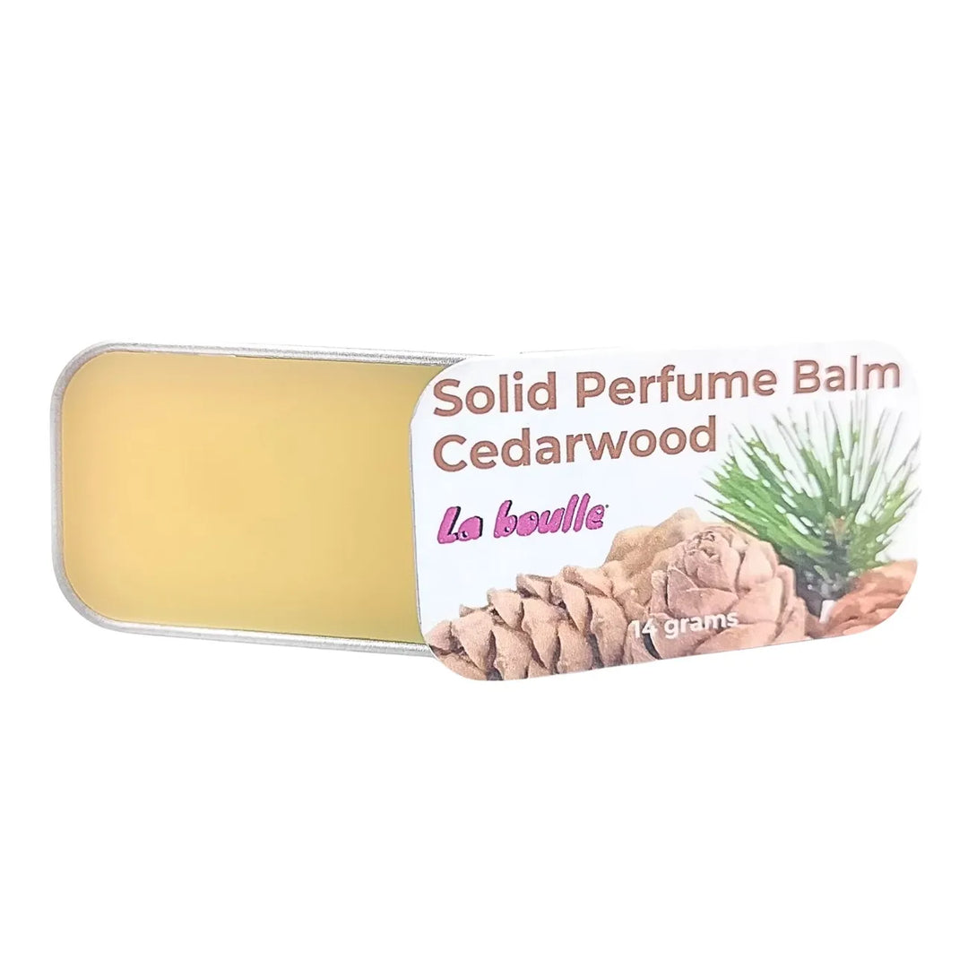 Cedarwood solid natural perfume balm, La Boulle, on a white background
