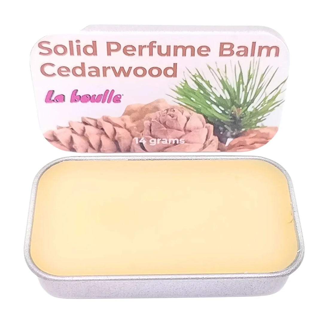 Cedarwood solid natural perfume balm, La Boulle, on a white background