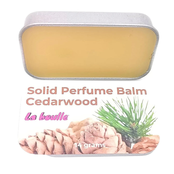 Cedarwood solid natural perfume balm, La Boulle, on a white background