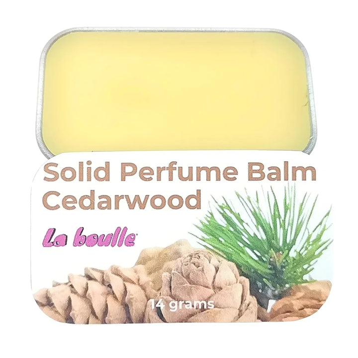 Cedarwood solid natural perfume balm, La Boulle, on a white background