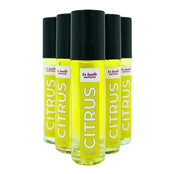 Five bottles of Citrus perfume La Boulle with black caps on a white background