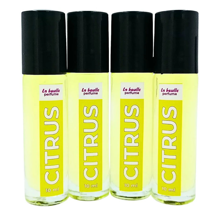 Four bottles of Citrus perfume La Boulle with black caps on a white background