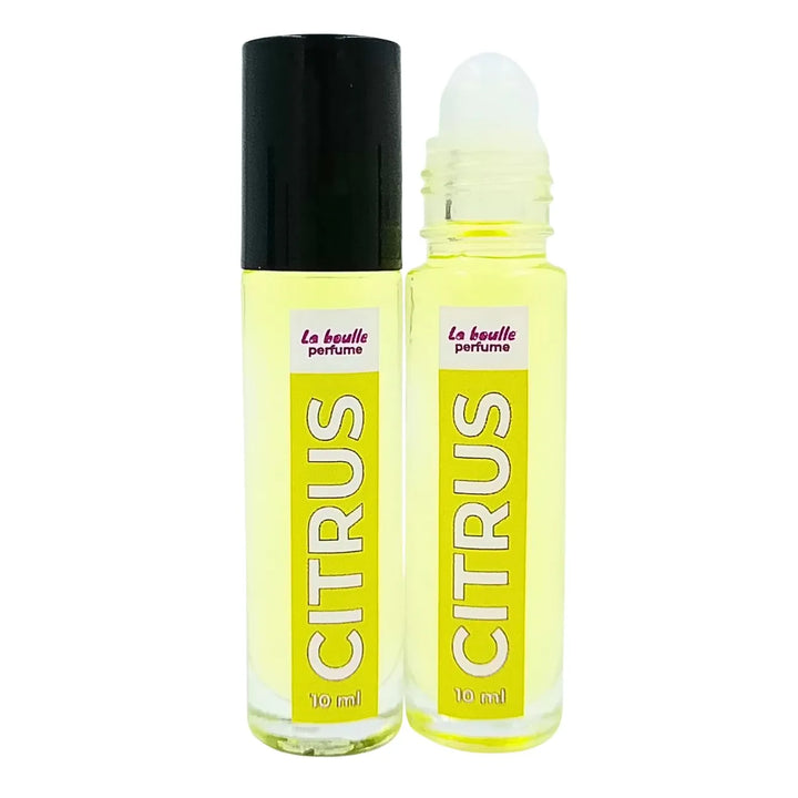 Two bottles of Citrus perfume La Boulle with black caps on a white background