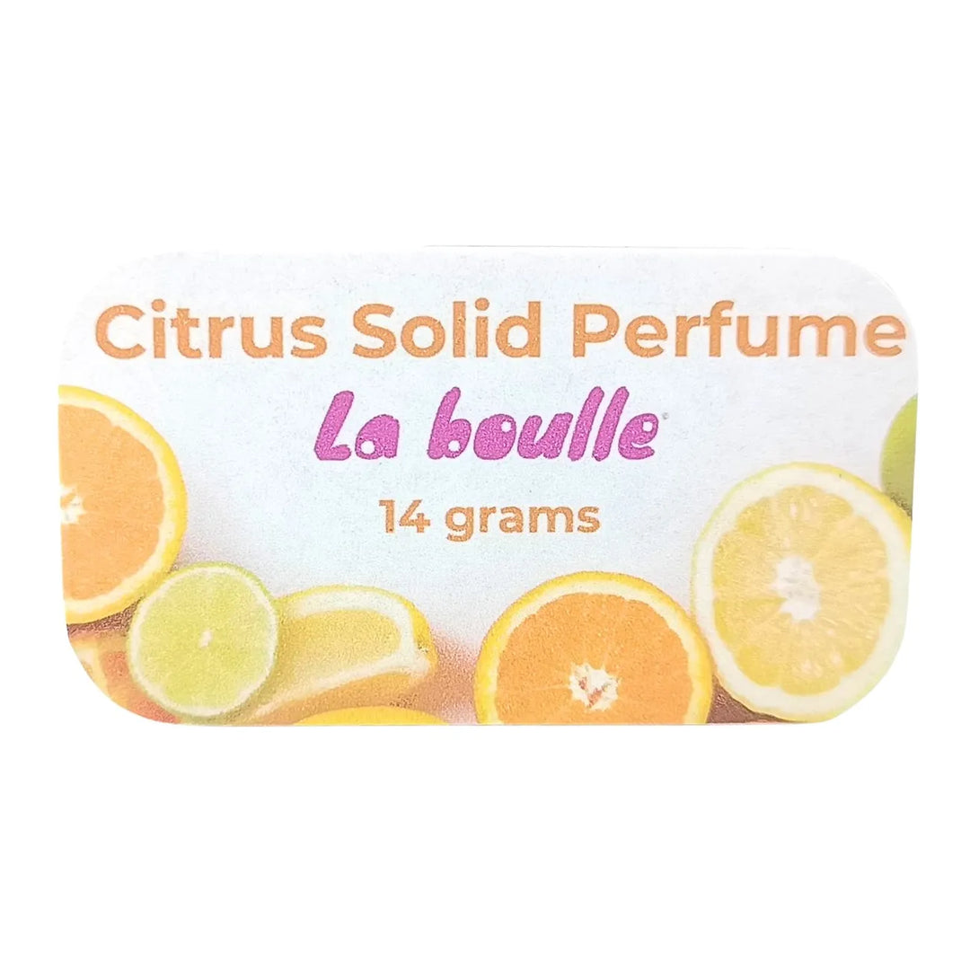 Citrus solid natural perfume balm, La Boulle, on a white background
