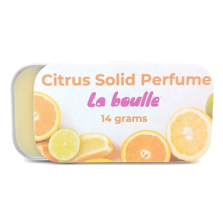 Citrus solid natural perfume balm, La Boulle, on a white background