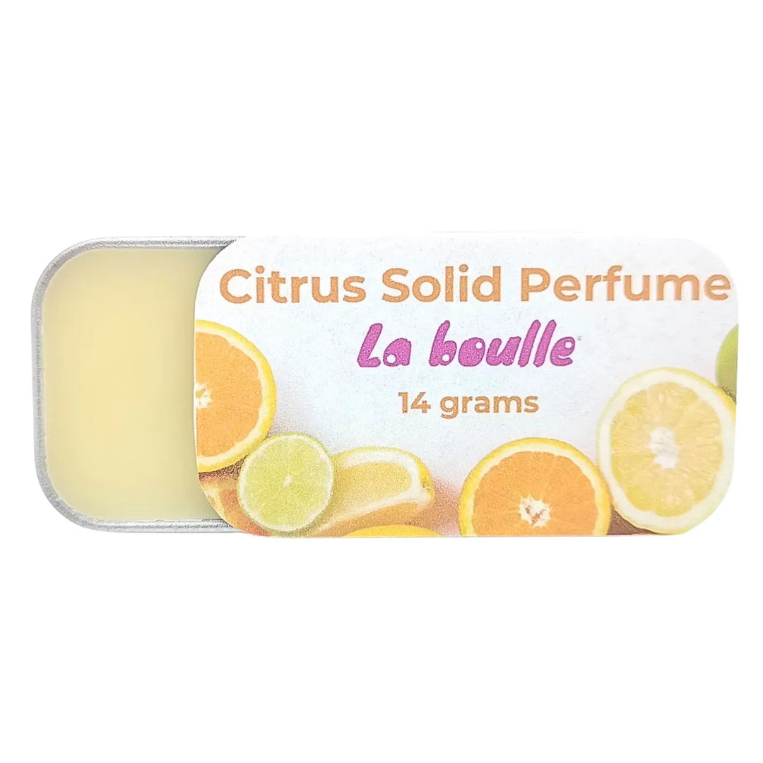 Citrus solid natural perfume balm, La Boulle, on a white background
