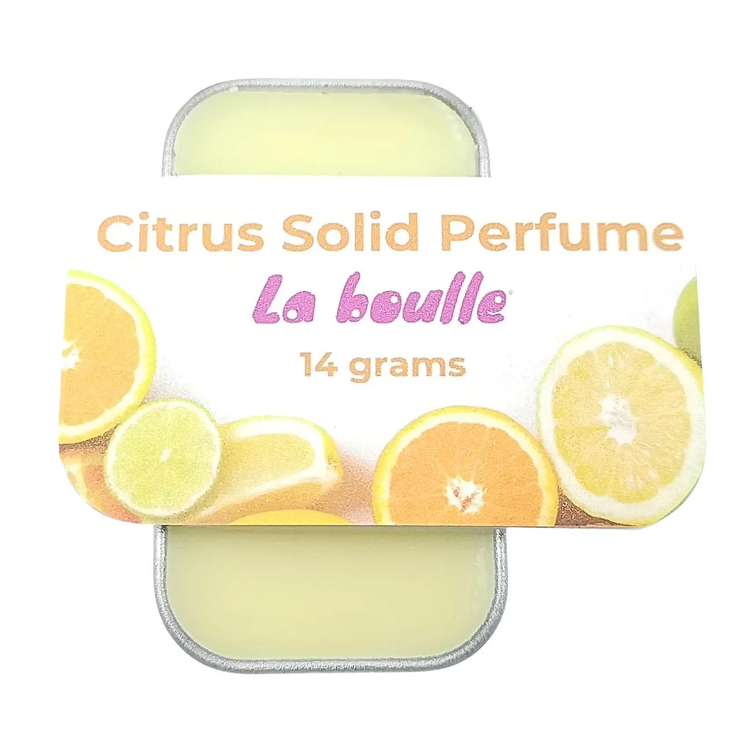 Citrus solid natural perfume balm, La Boulle, on a white background