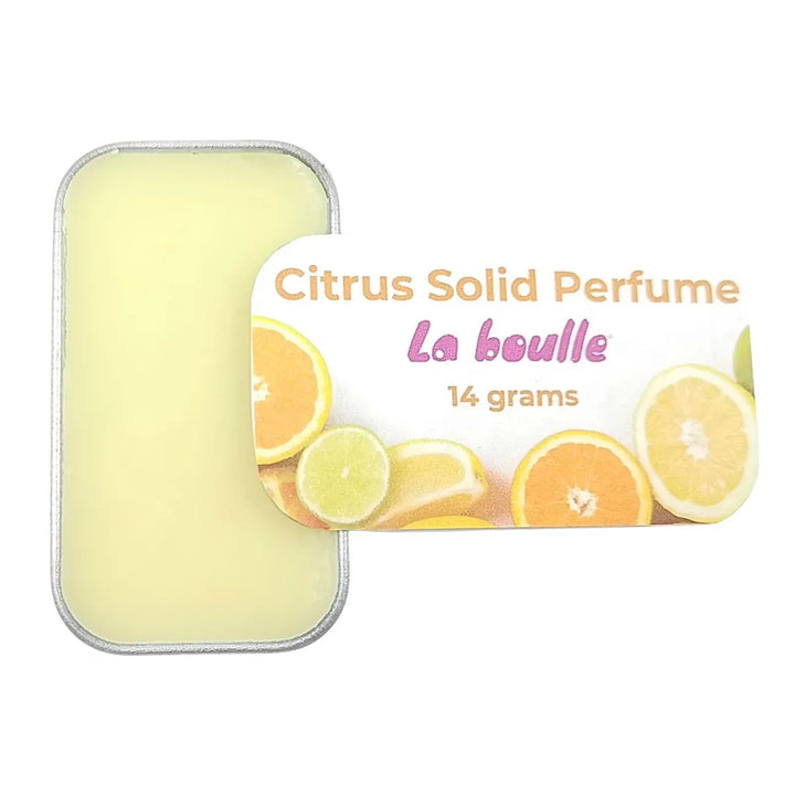 Citrus solid natural perfume balm, La Boulle, on a white background