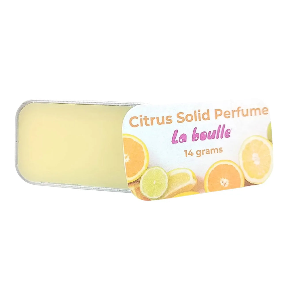 Citrus solid natural perfume balm, La Boulle, on a white background