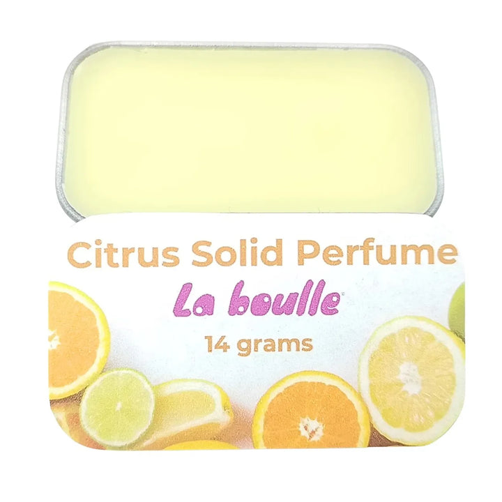 Citrus solid natural perfume balm, La Boulle, on a white background