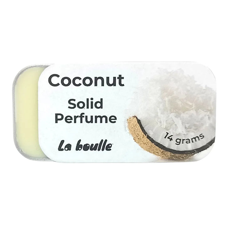Coconut solid natural perfume balm, La Boulle, on a white background