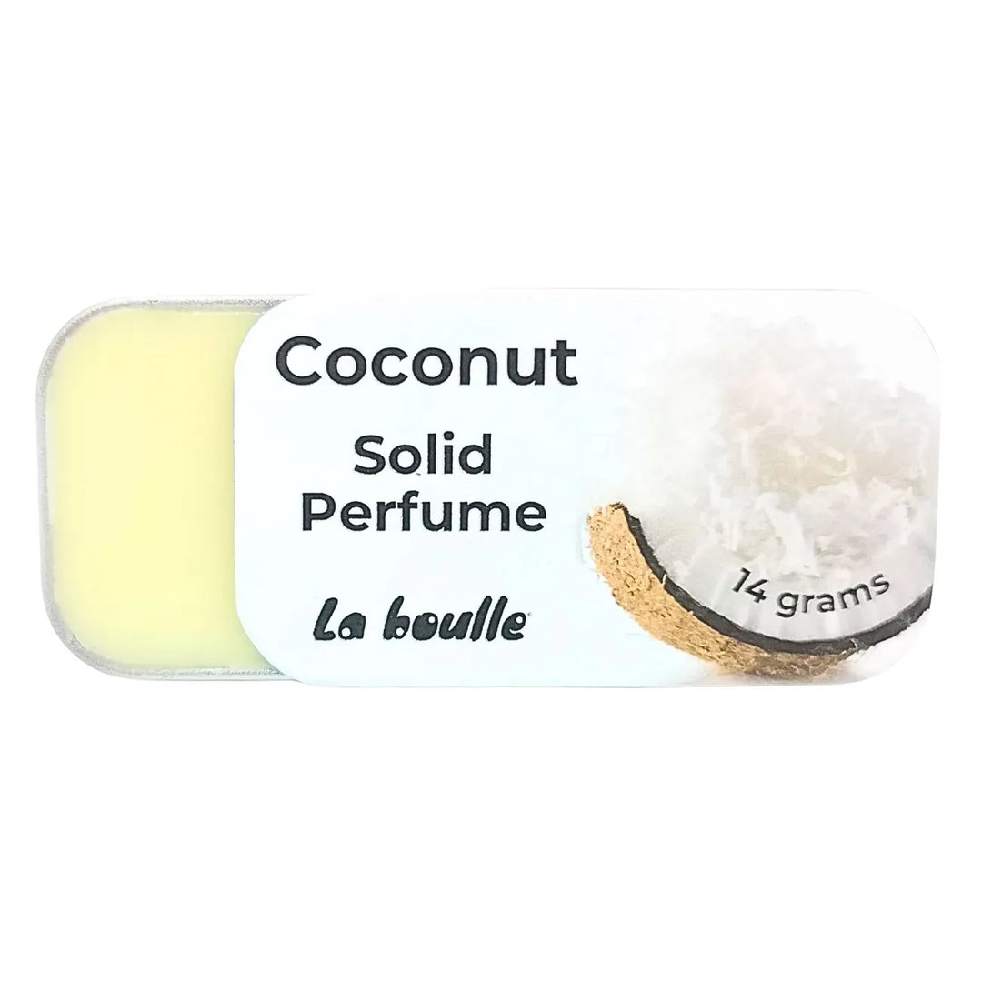 Coconut solid natural perfume balm, La Boulle, on a white background