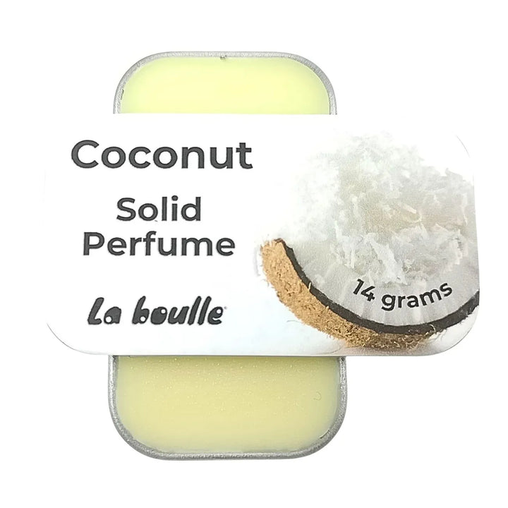 Coconut solid natural perfume balm, La Boulle, on a white background