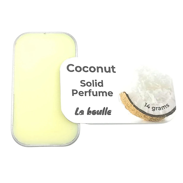 Coconut solid natural perfume balm, La Boulle, on a white background