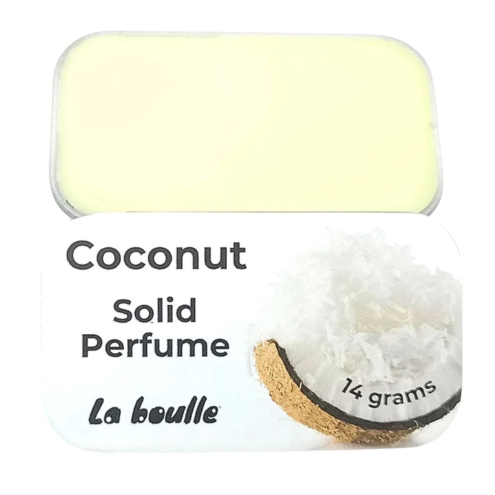 Coconut solid natural perfume balm, La Boulle, on a white background