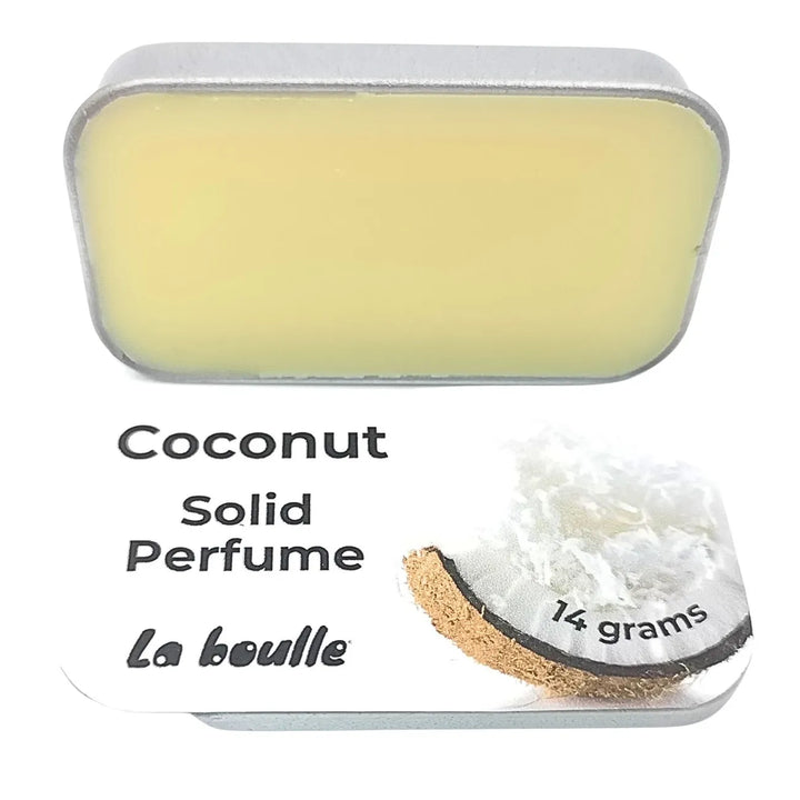 Coconut solid natural perfume balm, La Boulle, on a white background
