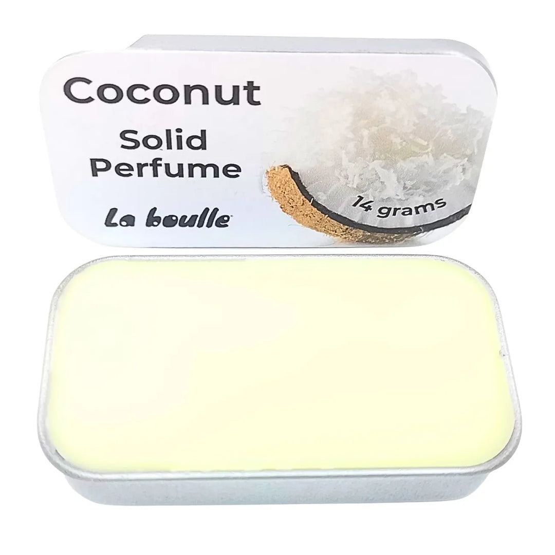 Coconut solid natural perfume balm, La Boulle, on a white background