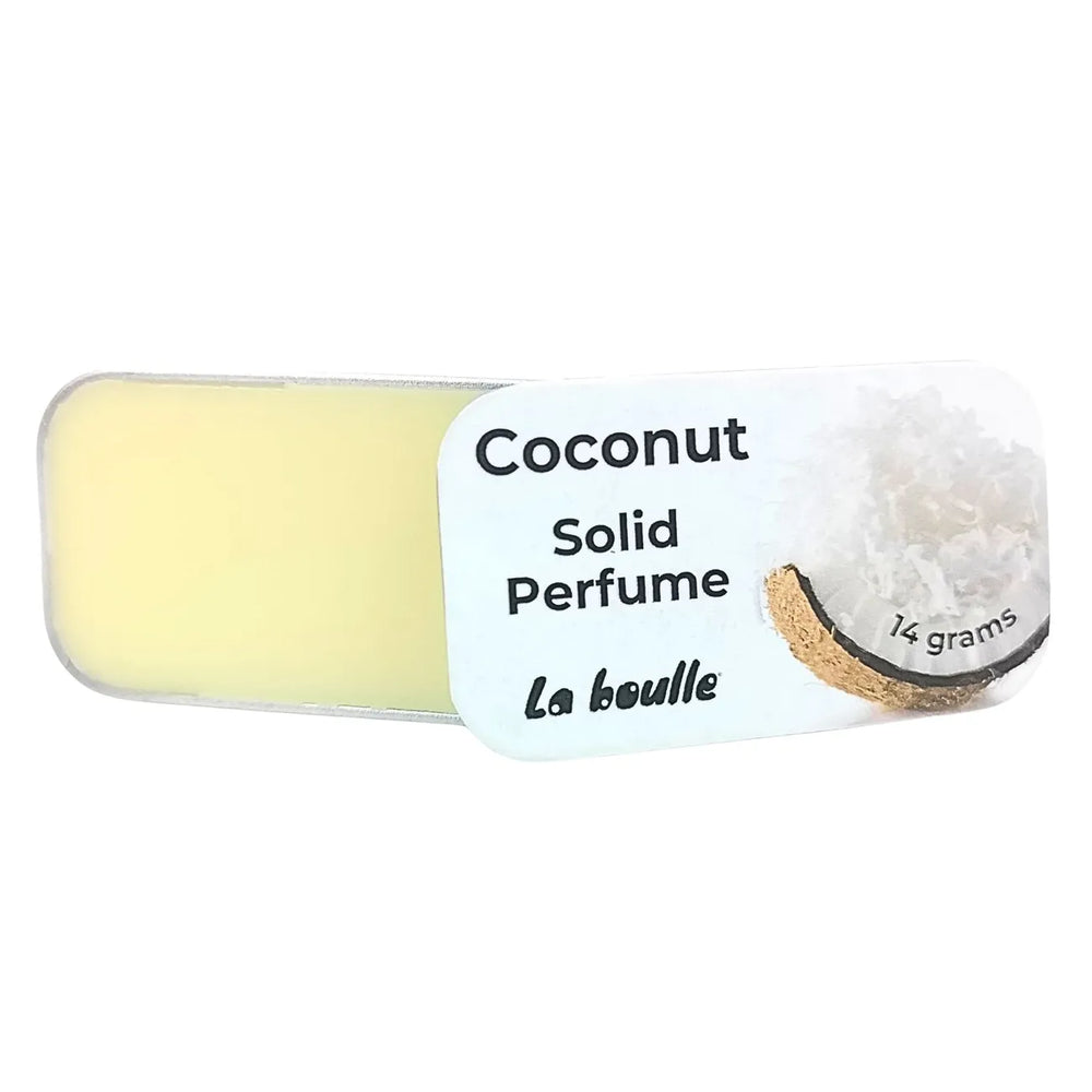 Coconut solid natural perfume balm, La Boulle, on a white background