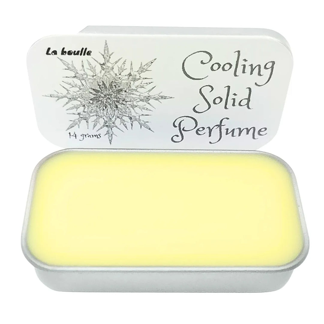 Cooling solid natural perfume balm, La Boulle, on a white background
