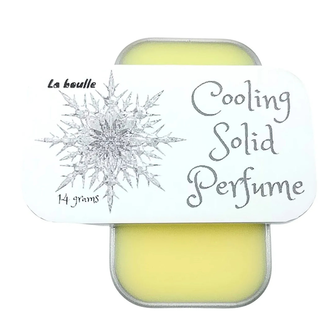 Cooling solid natural perfume balm, La Boulle, on a white background