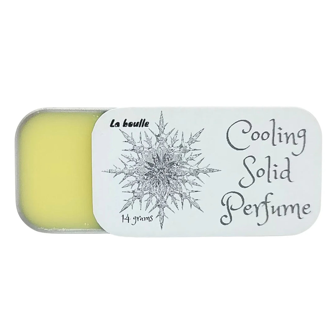 Cooling solid natural perfume balm, La Boulle, on a white background