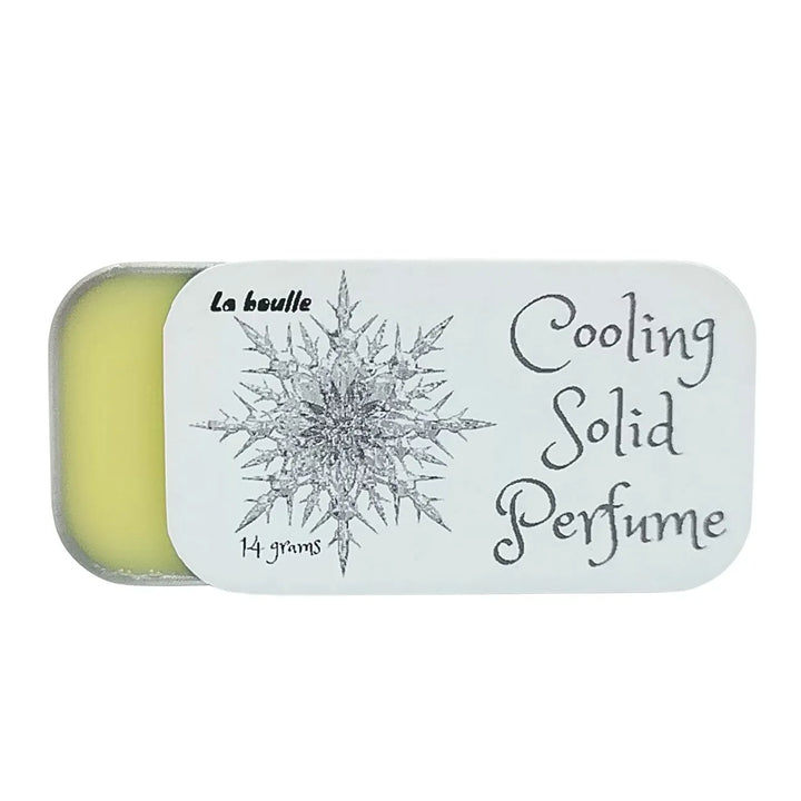 Cooling solid natural perfume balm, La Boulle, on a white background