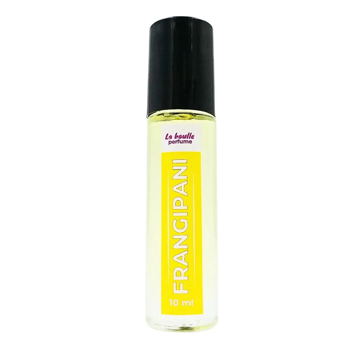 One Frangipani perfume roll-on bottles La Boulle with yellow label and black cap on a white background