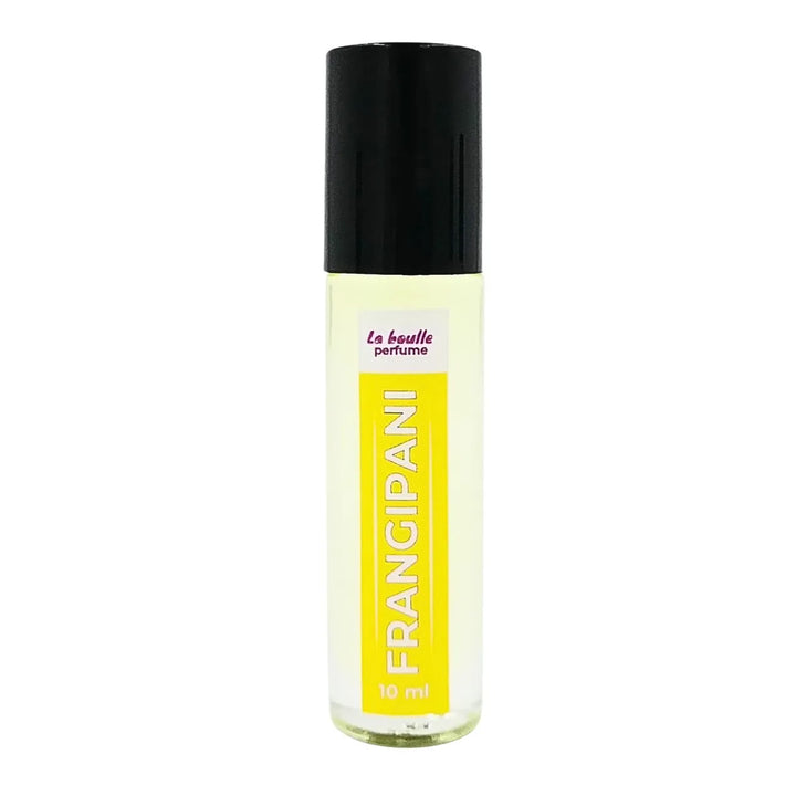 One Frangipani perfume roll-on bottles La Boulle with yellow label and black cap on a white background