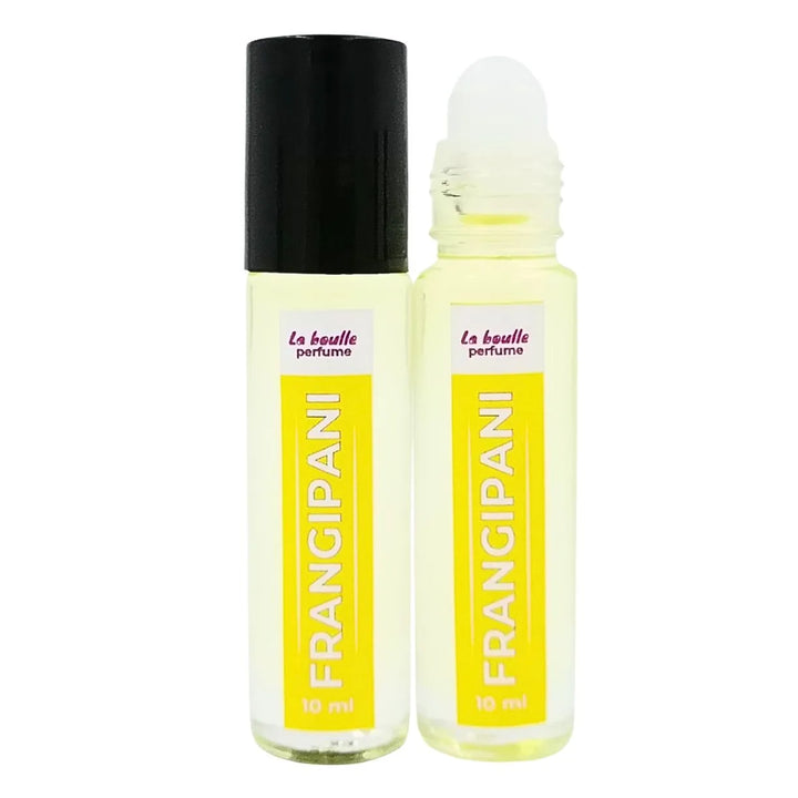 Two Frangipani perfume roll-on bottles La Boulle with yellow label and black cap on a white background