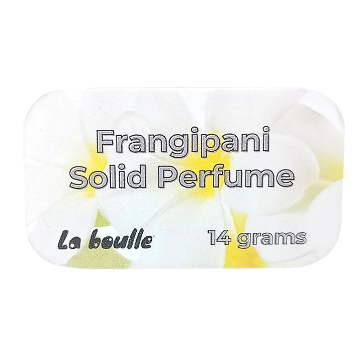 Frangipani solid natural perfume balm, La Boulle, on a white background