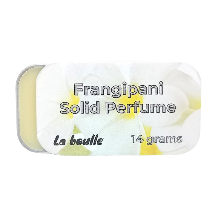 Frangipani solid natural perfume balm, La Boulle, on a white background