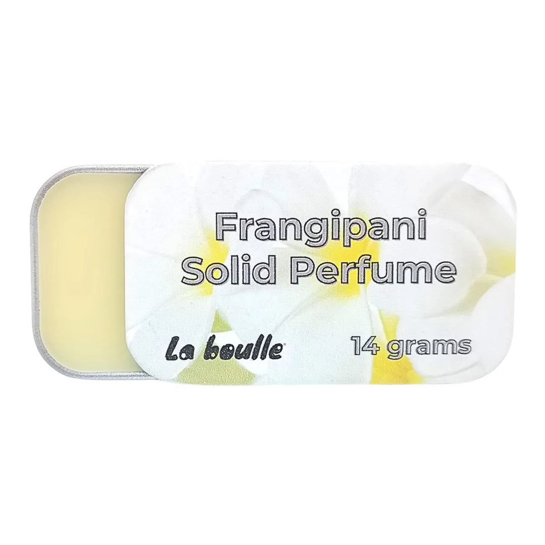 Frangipani solid natural perfume balm, La Boulle, on a white background