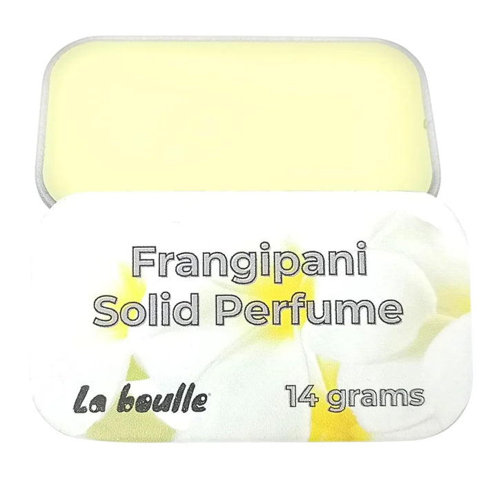 Frangipani solid natural perfume balm, La Boulle, on a white background