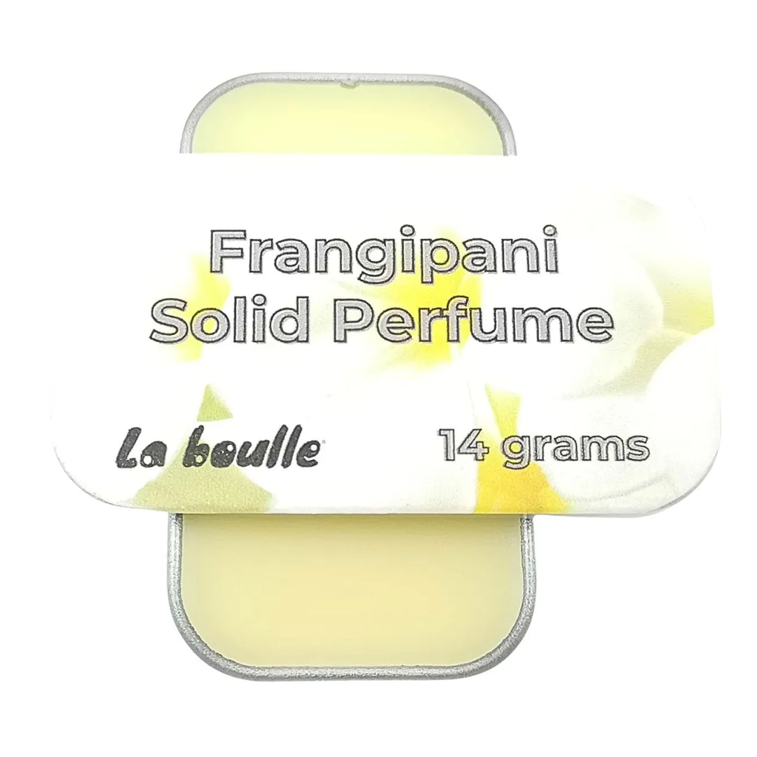 Frangipani solid natural perfume balm, La Boulle, on a white background