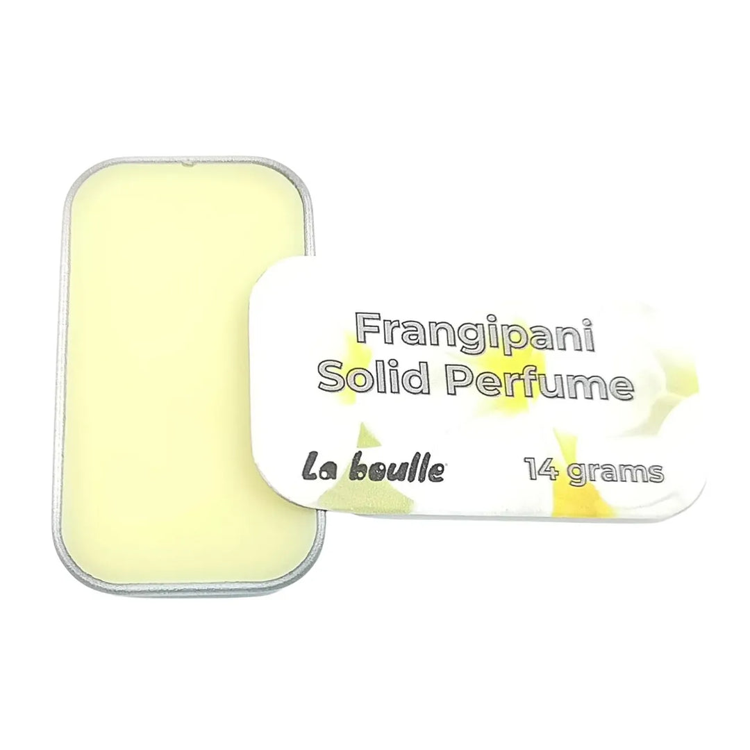 Frangipani solid natural perfume balm, La Boulle, on a white background