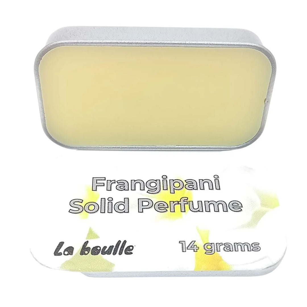 Frangipani solid natural perfume balm, La Boulle, on a white background