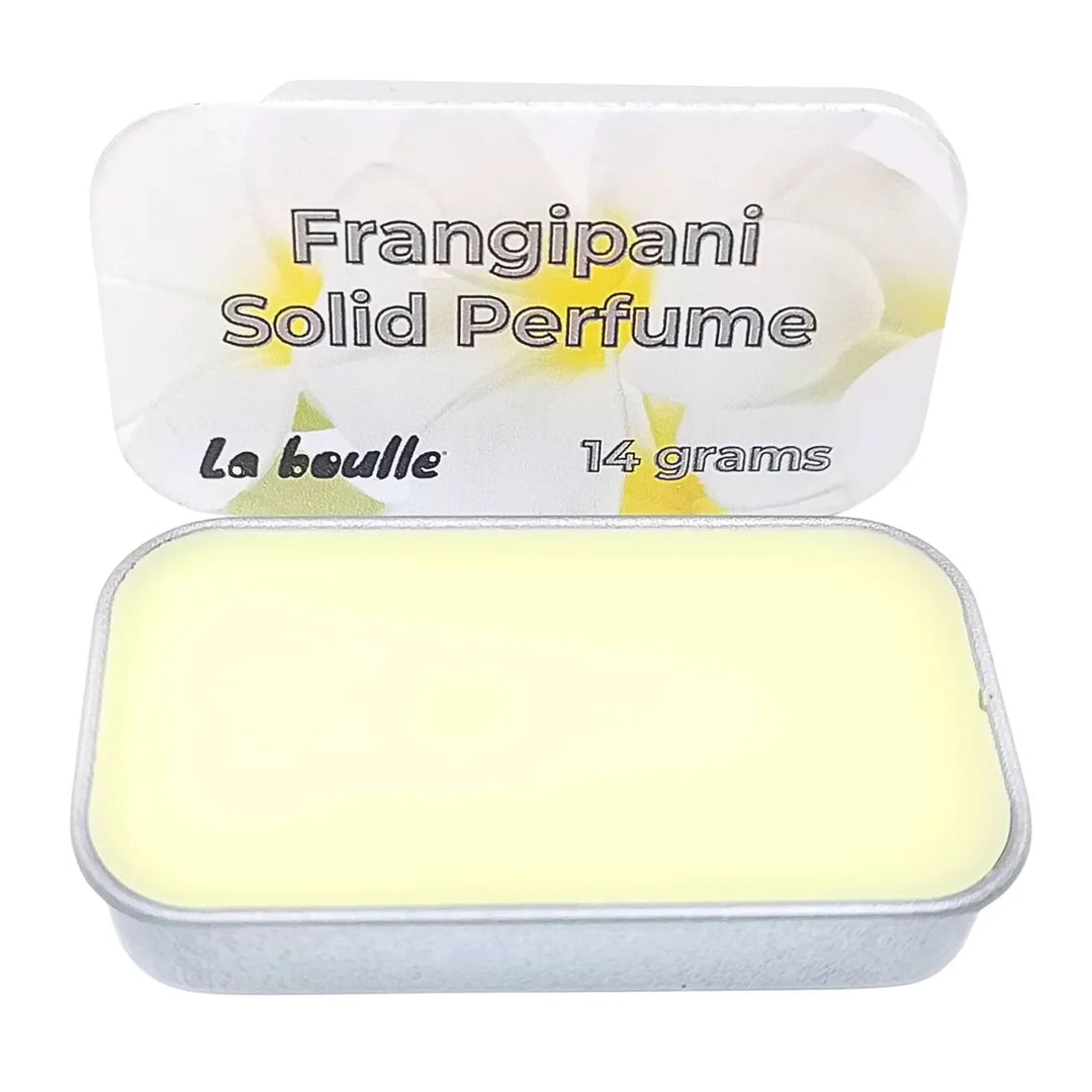 Frangipani solid natural perfume balm, La Boulle, on a white background